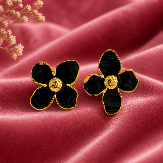 Black Floral Enamel Stud Earrings – Anti Tarnish & Light for Daily Wear