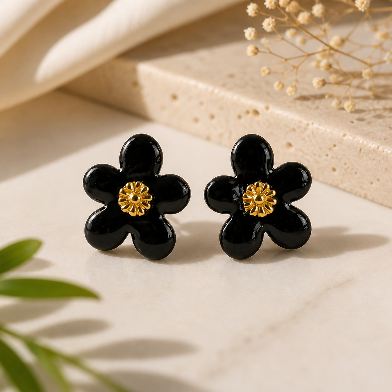 Black Floral Enamel Stud Earrings – Elegant Daily Wear Jewelry