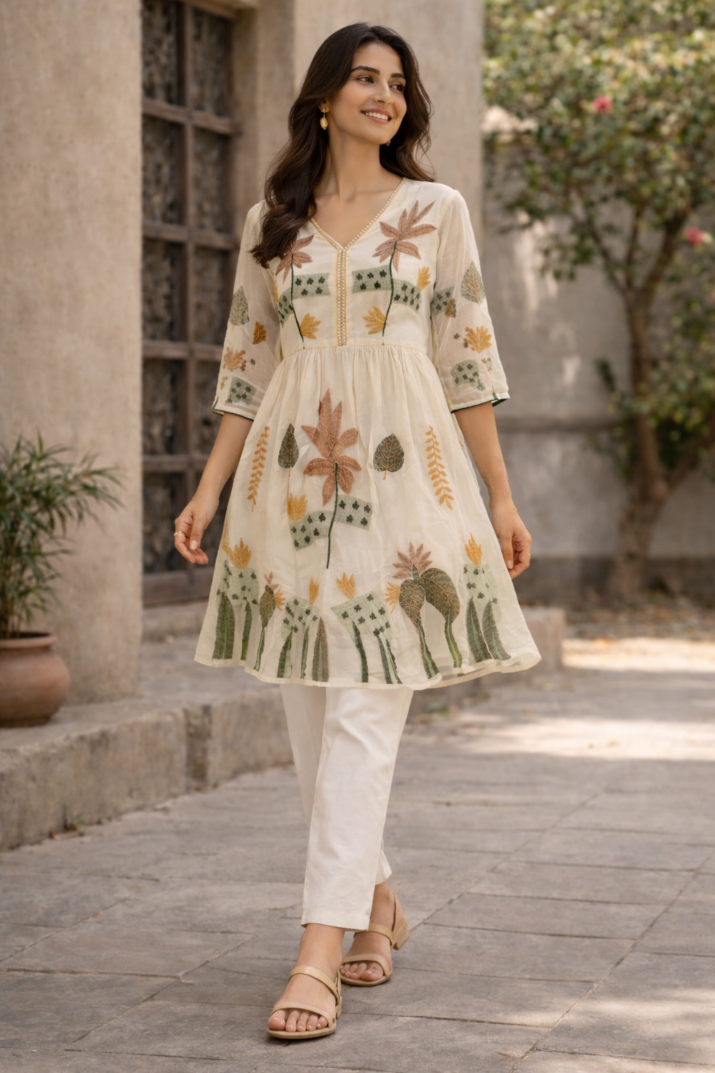 Cream Floral Embroidered Short Kurti for Women | Casual Elegant Top | Love Naari