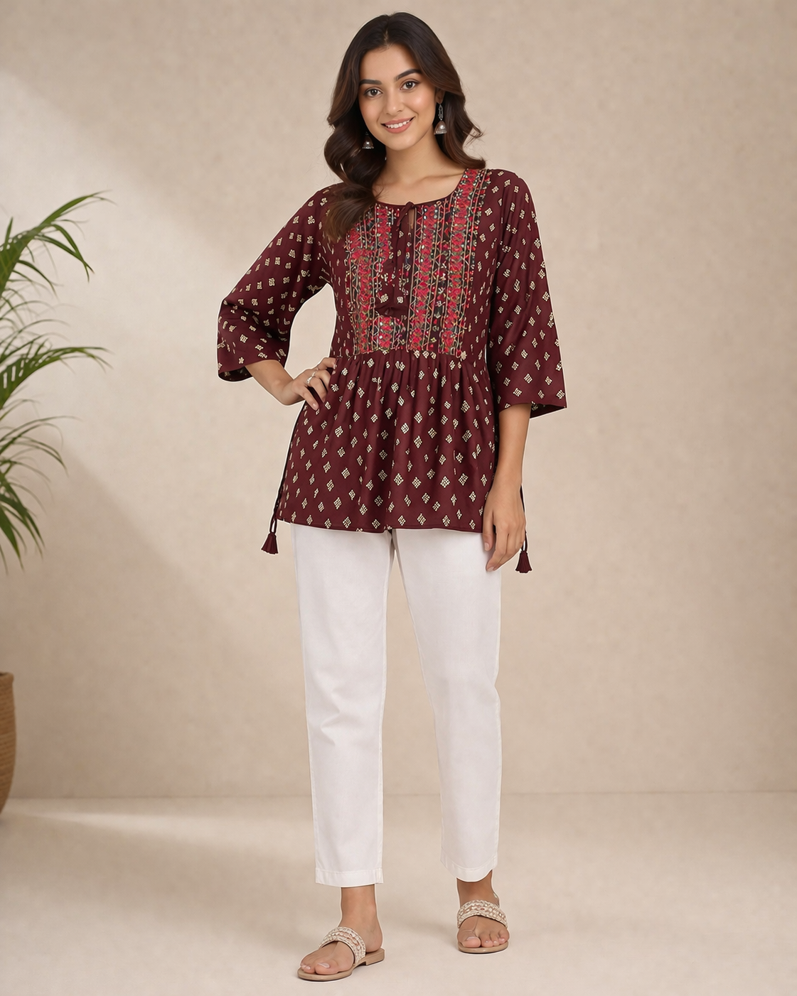 Maroon Embroidered Short Kurti for Women | Casual Daily Wear Top | Love Naari