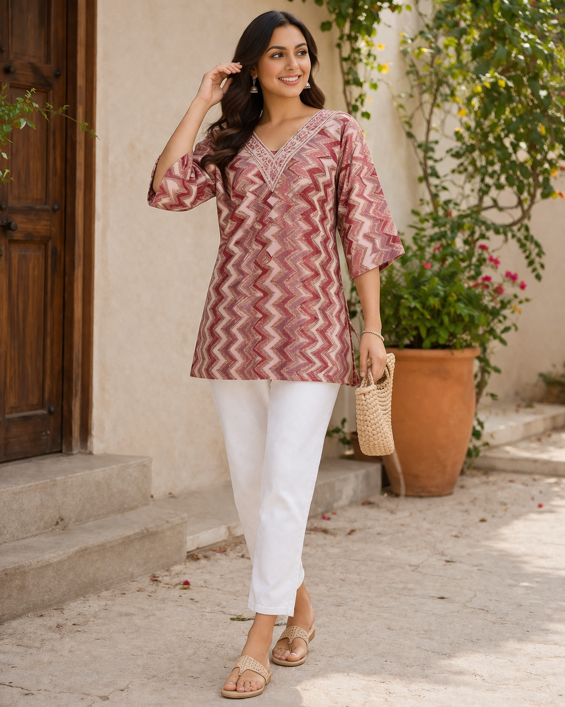 Pink Printed Short Kurti for Women | V-Neck Casual Daily Wear Top | Love Naari