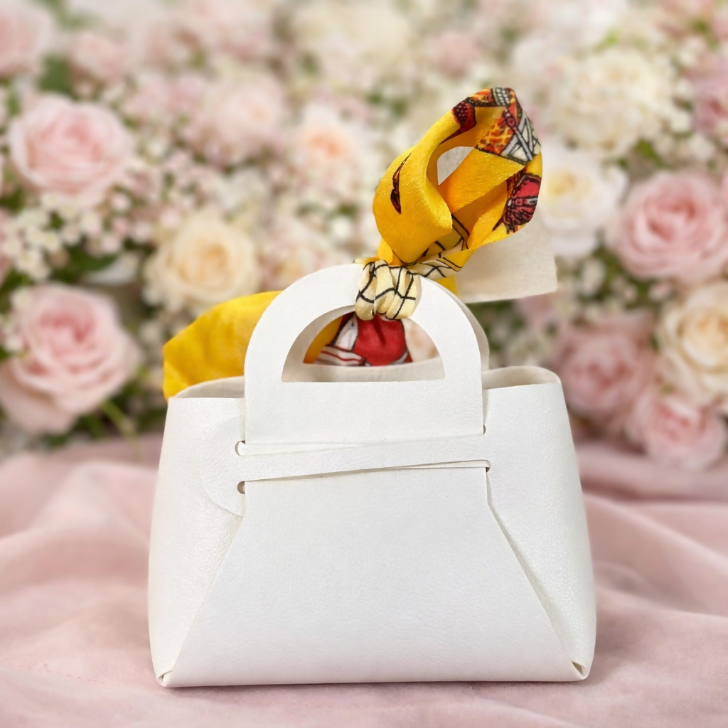 Mini White Handbag – Stylish Compact Purse with Printed Scarf