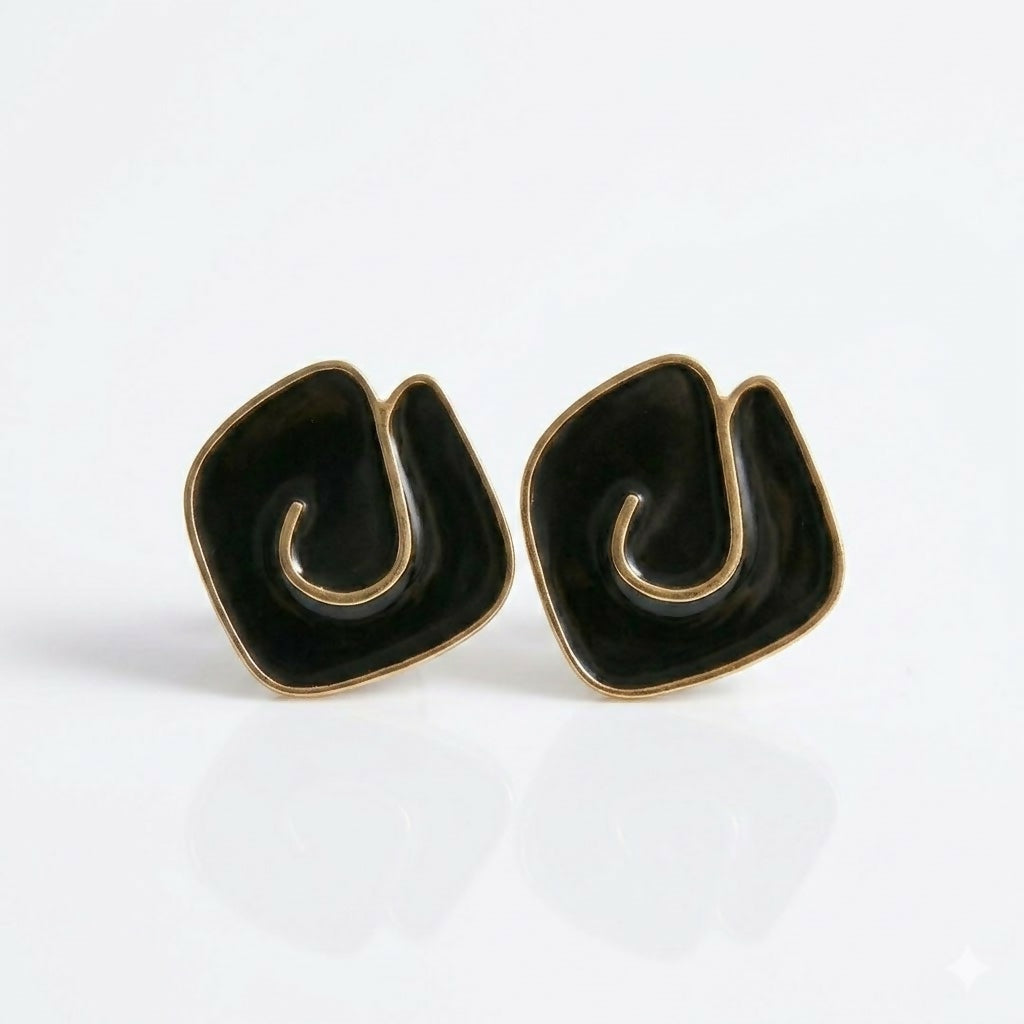Black Geometric Enamel Stud Earrings – Trendy Daily Wear Accessory