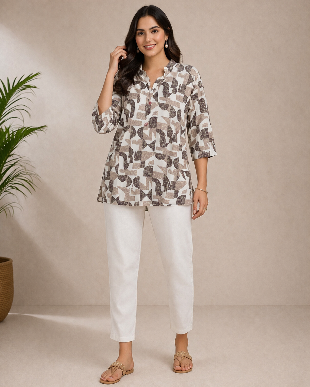 Printed Short Kurti for Women | Casual Daily Wear Top | Beige & Brown | Love Naari