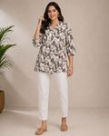 Printed Short Kurti for Women | Casual Daily Wear Top | Beige & Brown | Love Naari