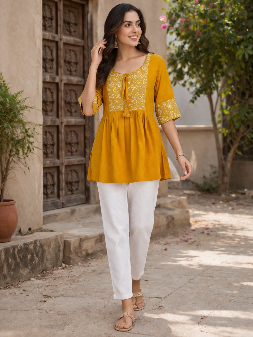 Mustard Yellow Embroidered Short Kurti for Women | Casual Daily Wear Top | Love Naari