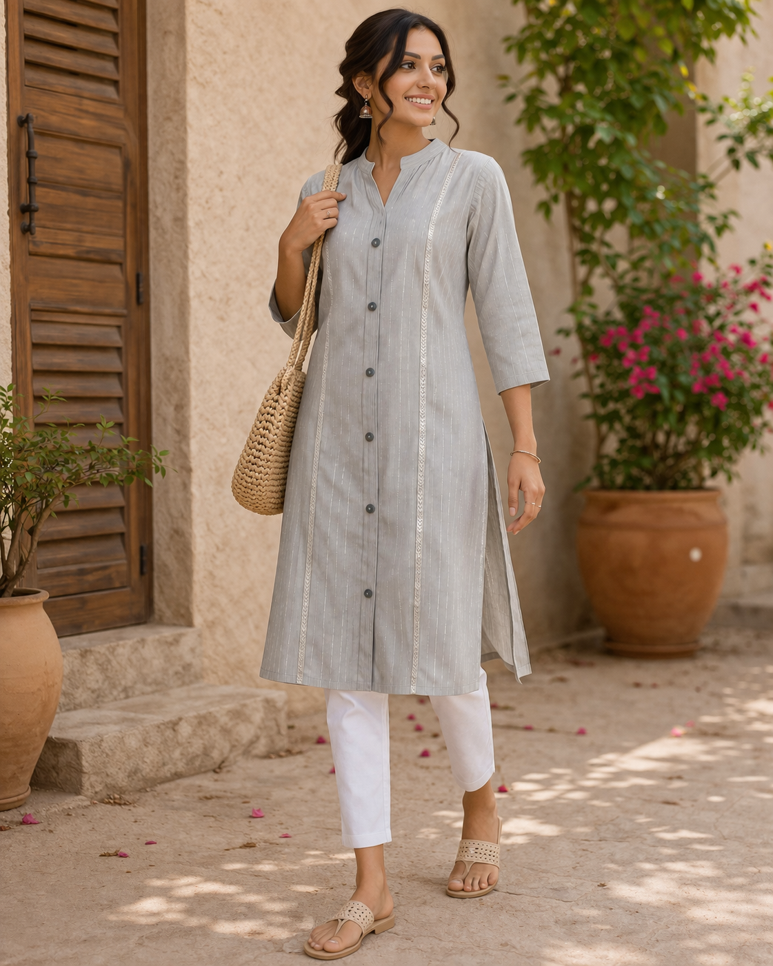 Grey Striped Long Kurti for Women | Minimal Button-Down Casual Wear | Love Naari