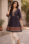 Navy Blue Printed Short Kurti for Women | Ethnic Border Design Casual Wear Top | Love Naari