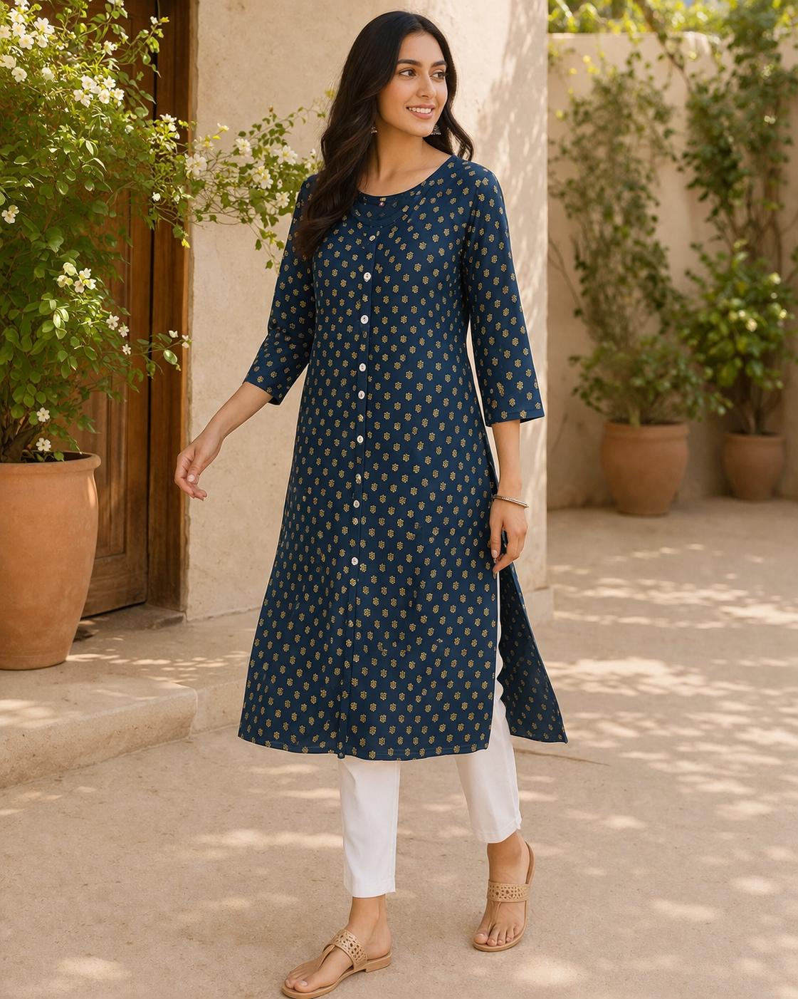 Love Naari Navy Printed Long Kurti Top for Women – Casual Daily Wear