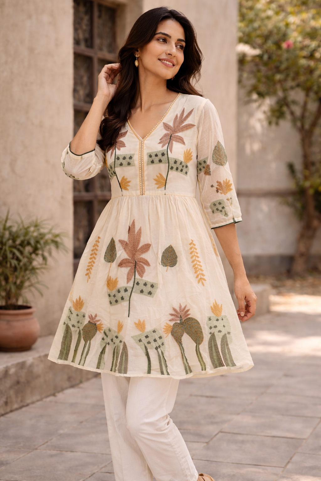 Cream Floral Embroidered Short Kurti for Women | Casual Elegant Top | Love Naari