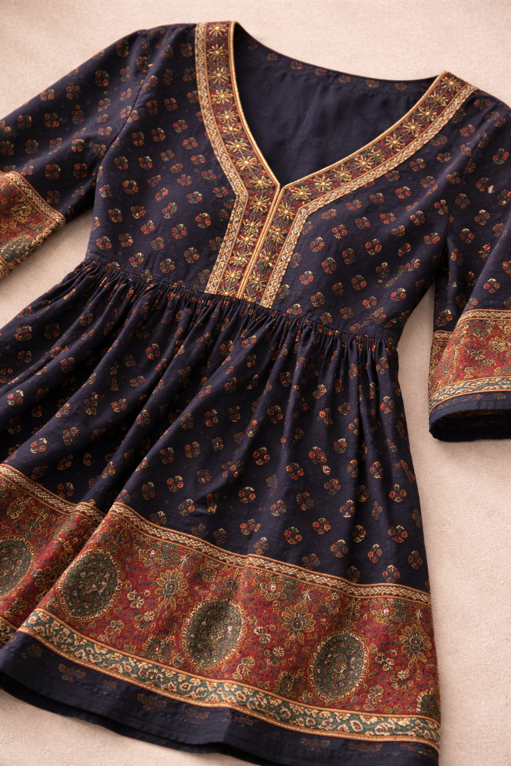 Navy Blue Printed Short Kurti for Women | Ethnic Border Design Casual Wear Top | Love Naari
