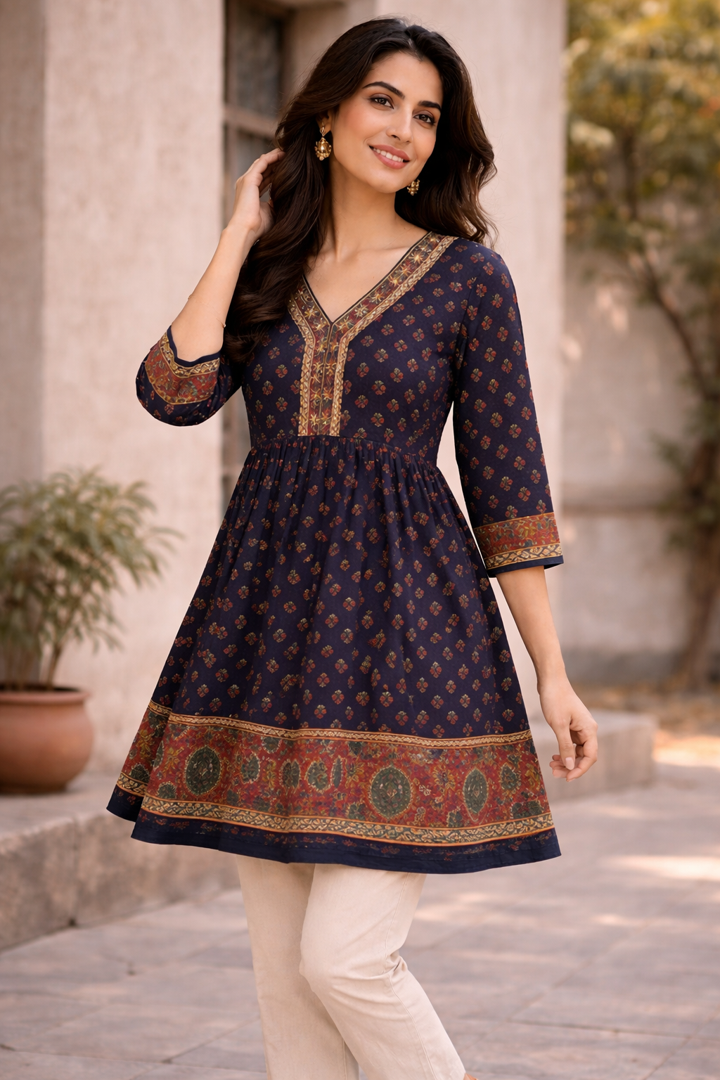 Navy Blue Printed Short Kurti for Women | Ethnic Border Design Casual Wear Top | Love Naari