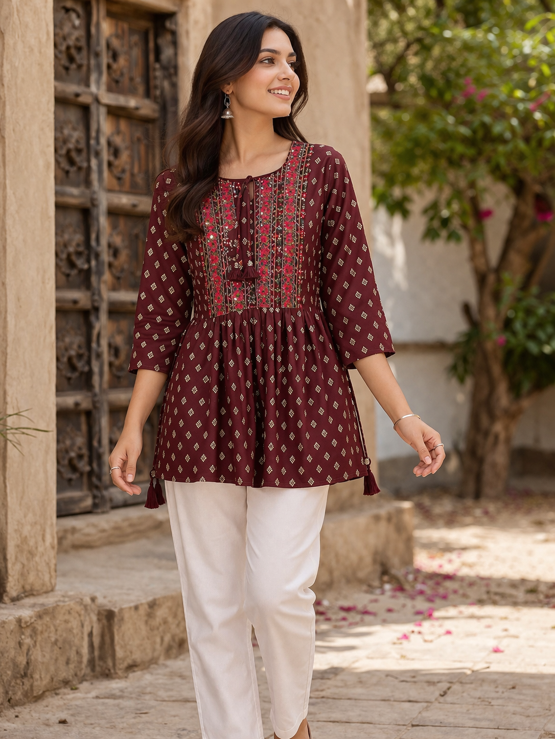Maroon Embroidered Short Kurti for Women | Casual Daily Wear Top | Love Naari