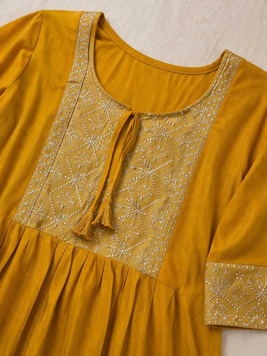 Mustard Yellow Embroidered Short Kurti for Women | Casual Daily Wear Top | Love Naari