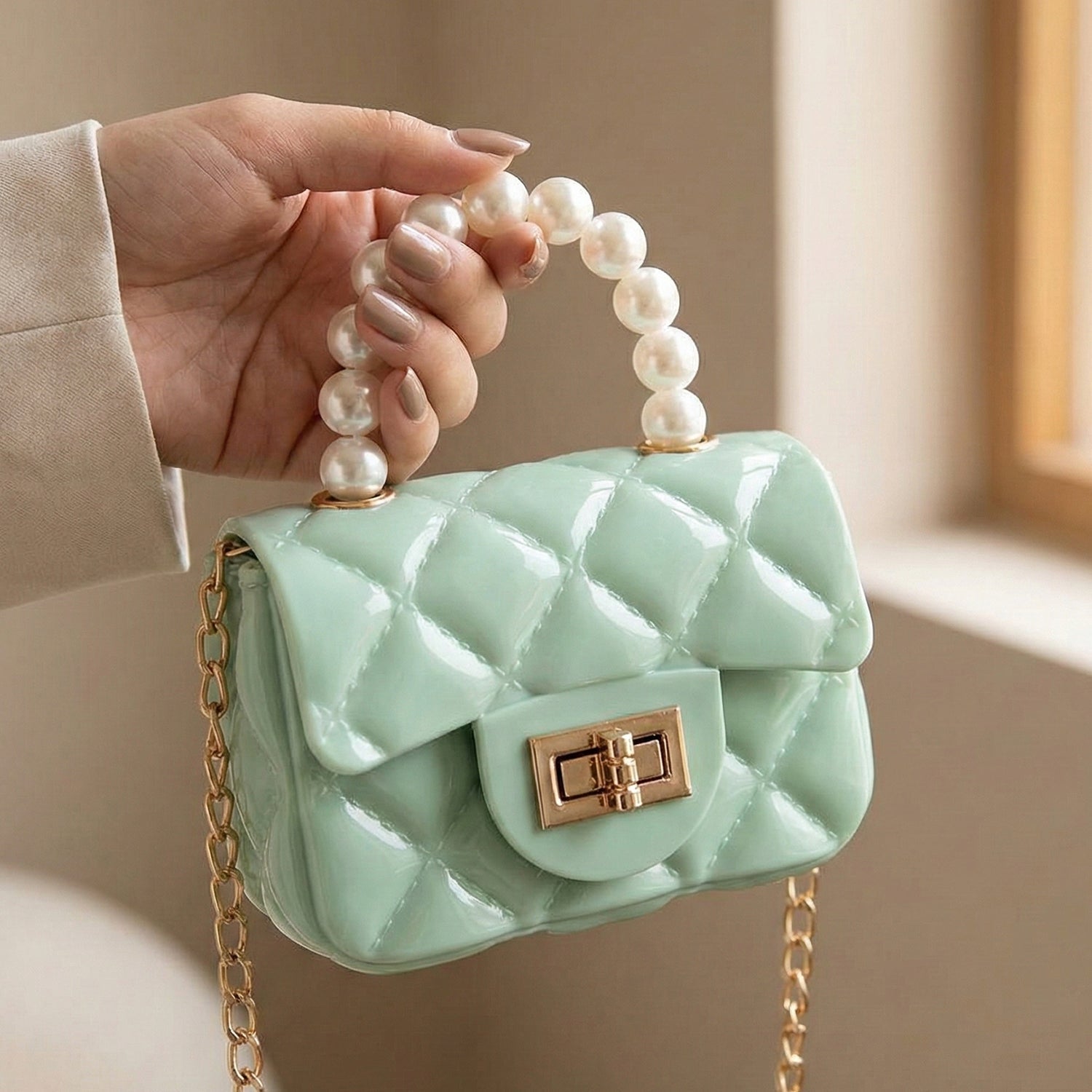 Quilted Mini Handbag – Elegant Pearl Handle & Chain Strap