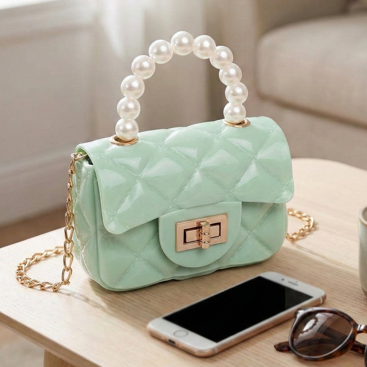 Quilted Mini Handbag – Elegant Pearl Handle & Chain Strap