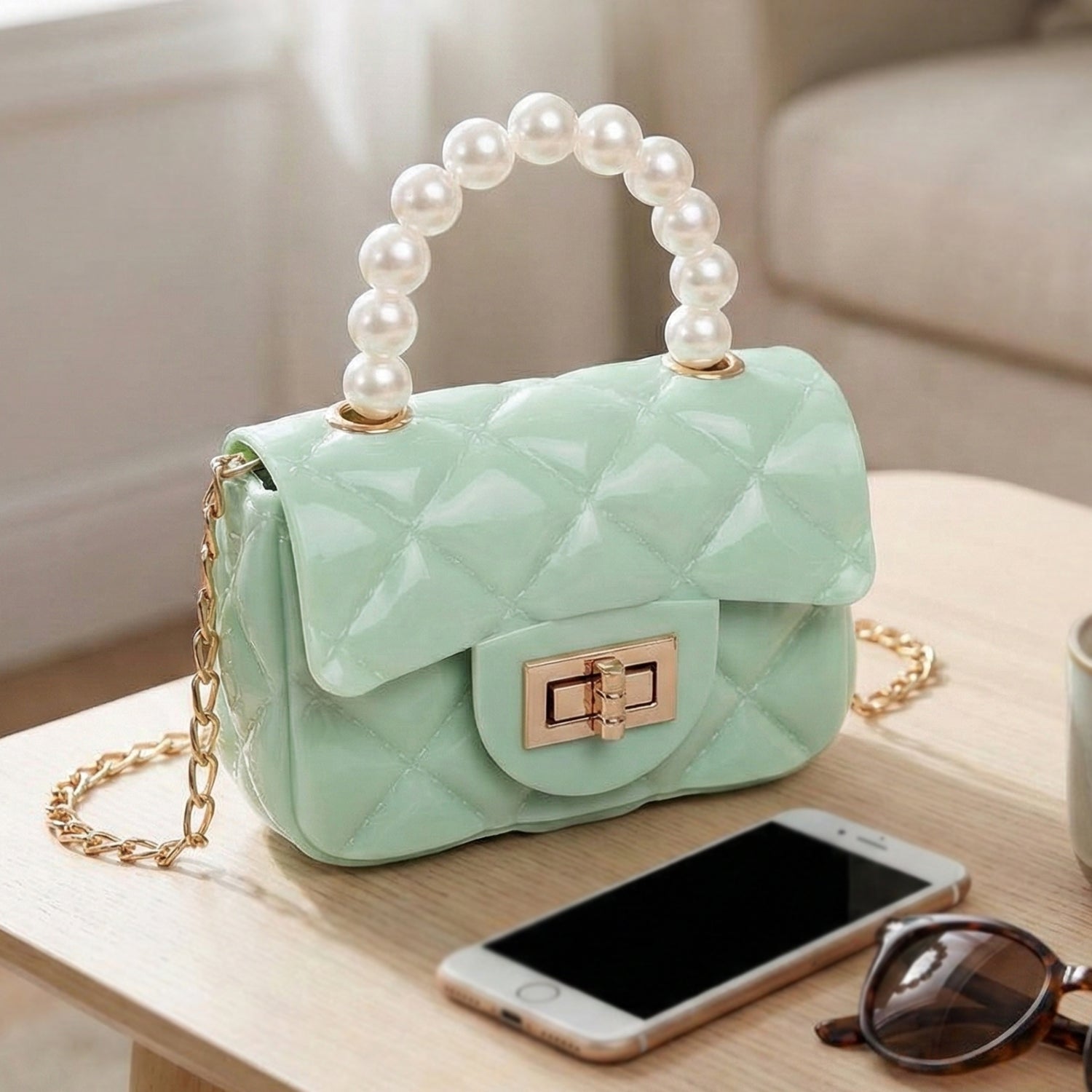 Quilted Mini Handbag – Elegant Pearl Handle & Chain Strap