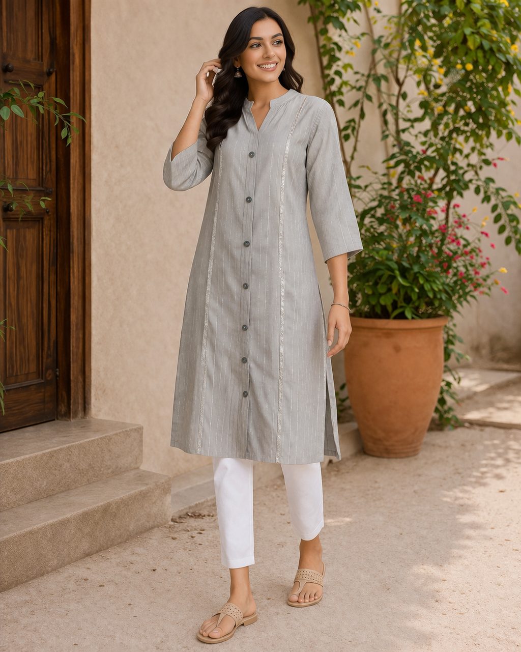 Grey Striped Long Kurti for Women | Minimal Button-Down Casual Wear | Love Naari