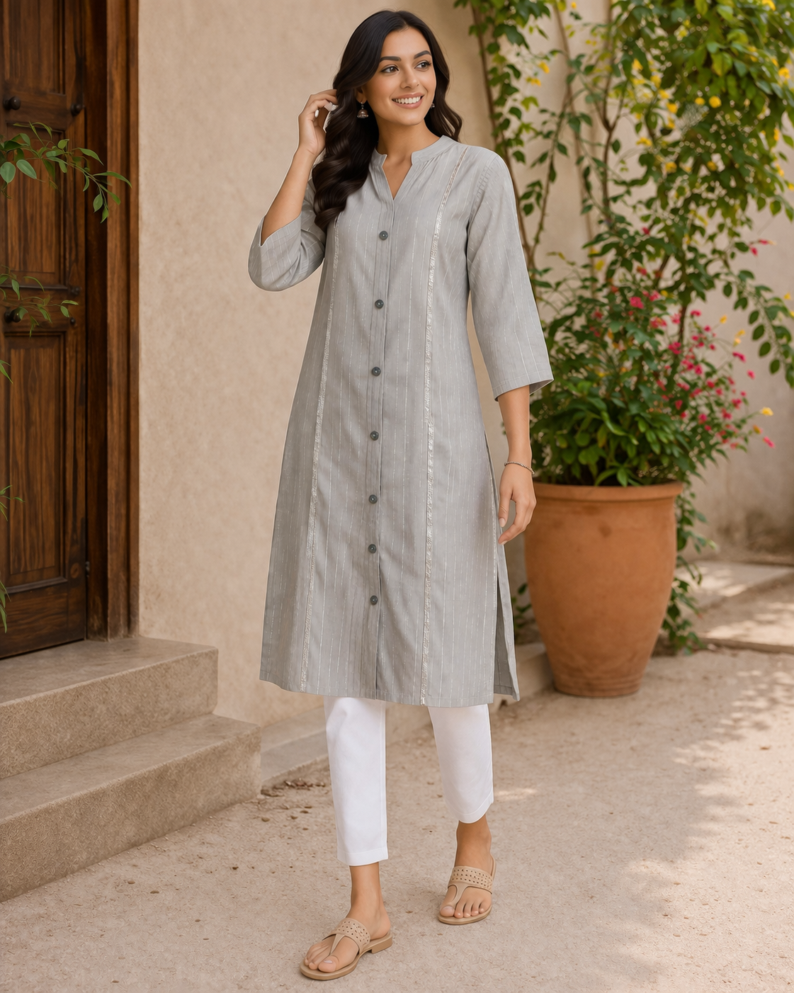 Grey Striped Long Kurti for Women | Minimal Button-Down Casual Wear | Love Naari