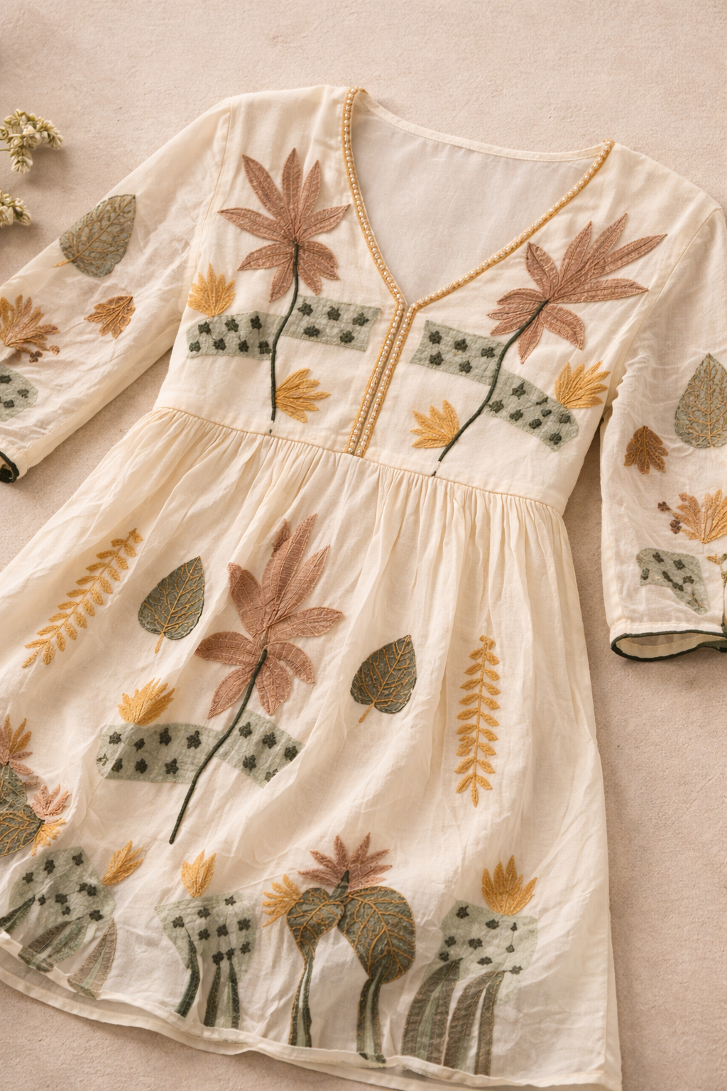 Cream Floral Embroidered Short Kurti for Women | Casual Elegant Top | Love Naari