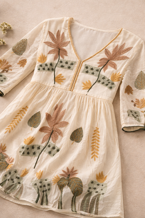 Cream Floral Embroidered Short Kurti for Women | Casual Elegant Top | Love Naari