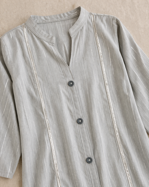 Grey Striped Long Kurti for Women | Minimal Button-Down Casual Wear | Love Naari