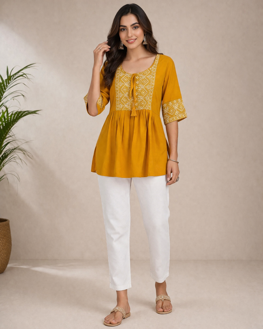 Mustard Yellow Embroidered Short Kurti for Women | Casual Daily Wear Top | Love Naari
