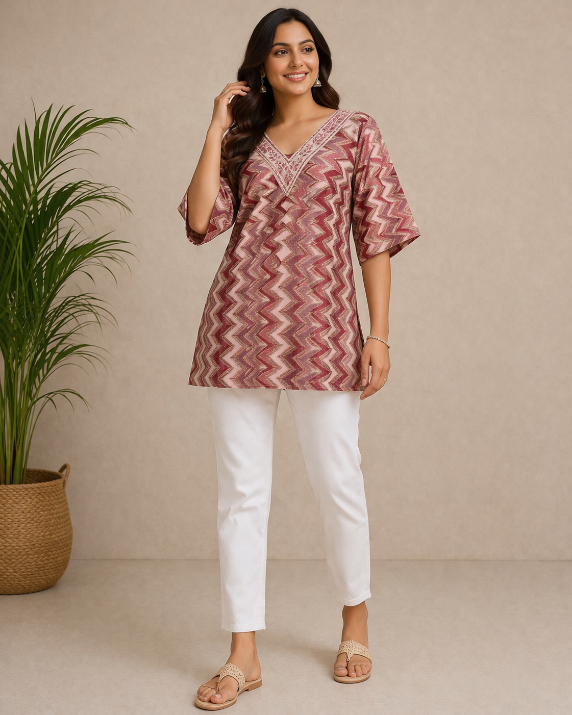 Pink Printed Short Kurti for Women | V-Neck Casual Daily Wear Top | Love Naari