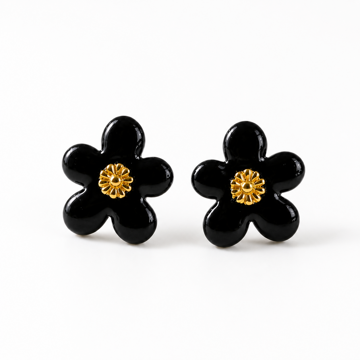 Black Floral Enamel Stud Earrings – Elegant Daily Wear Jewelry