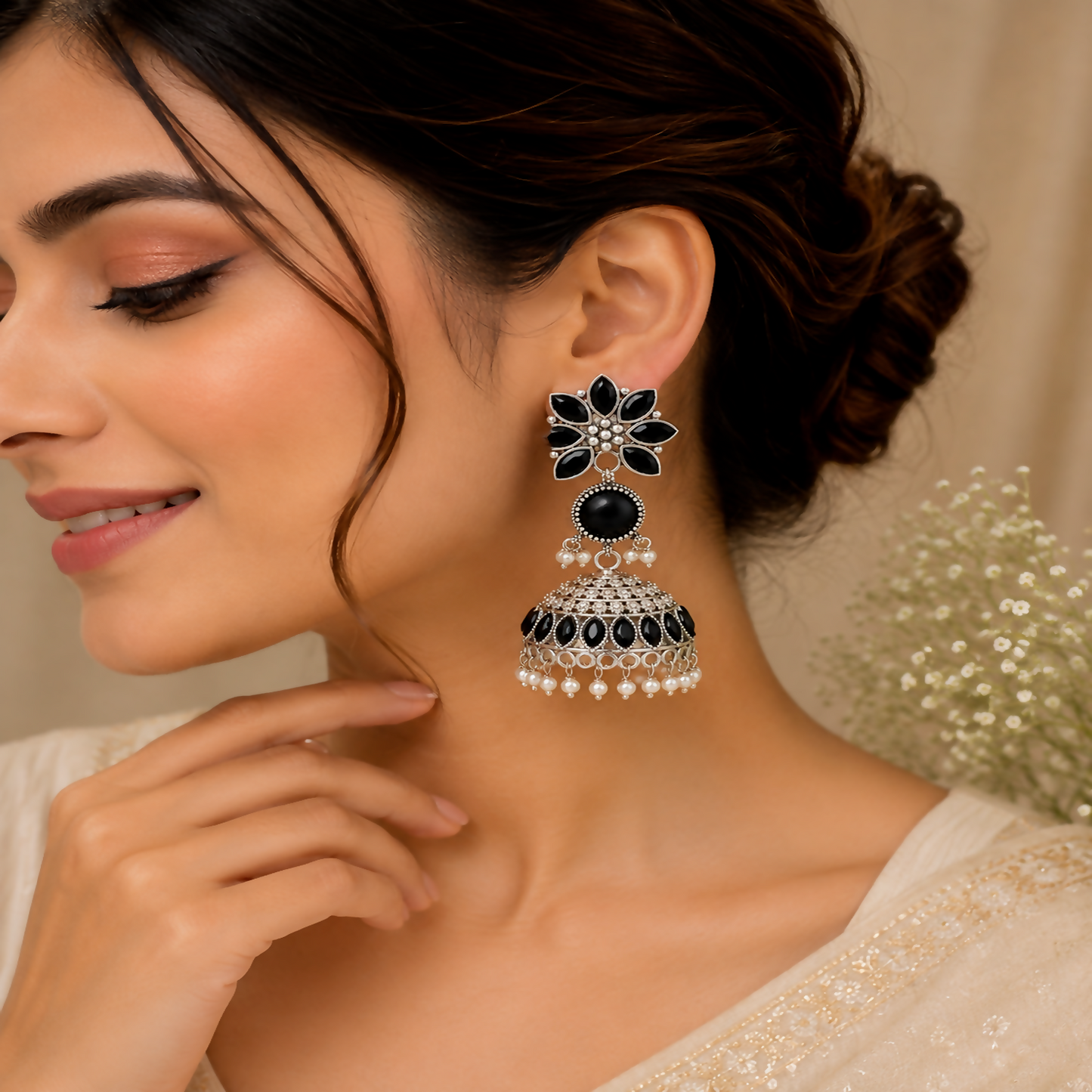 Traditional Silver Oxidized Earrings – Elegant Black Stones & Pearls