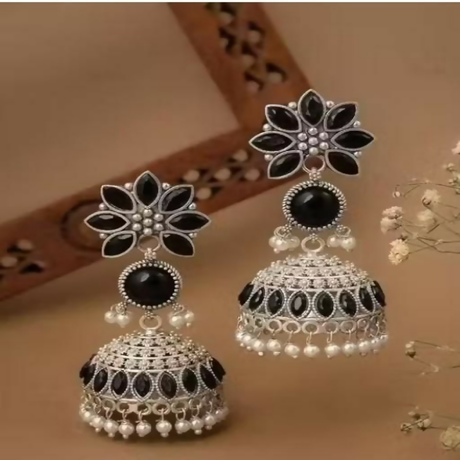 Traditional Silver Oxidized Earrings – Elegant Black Stones & Pearls