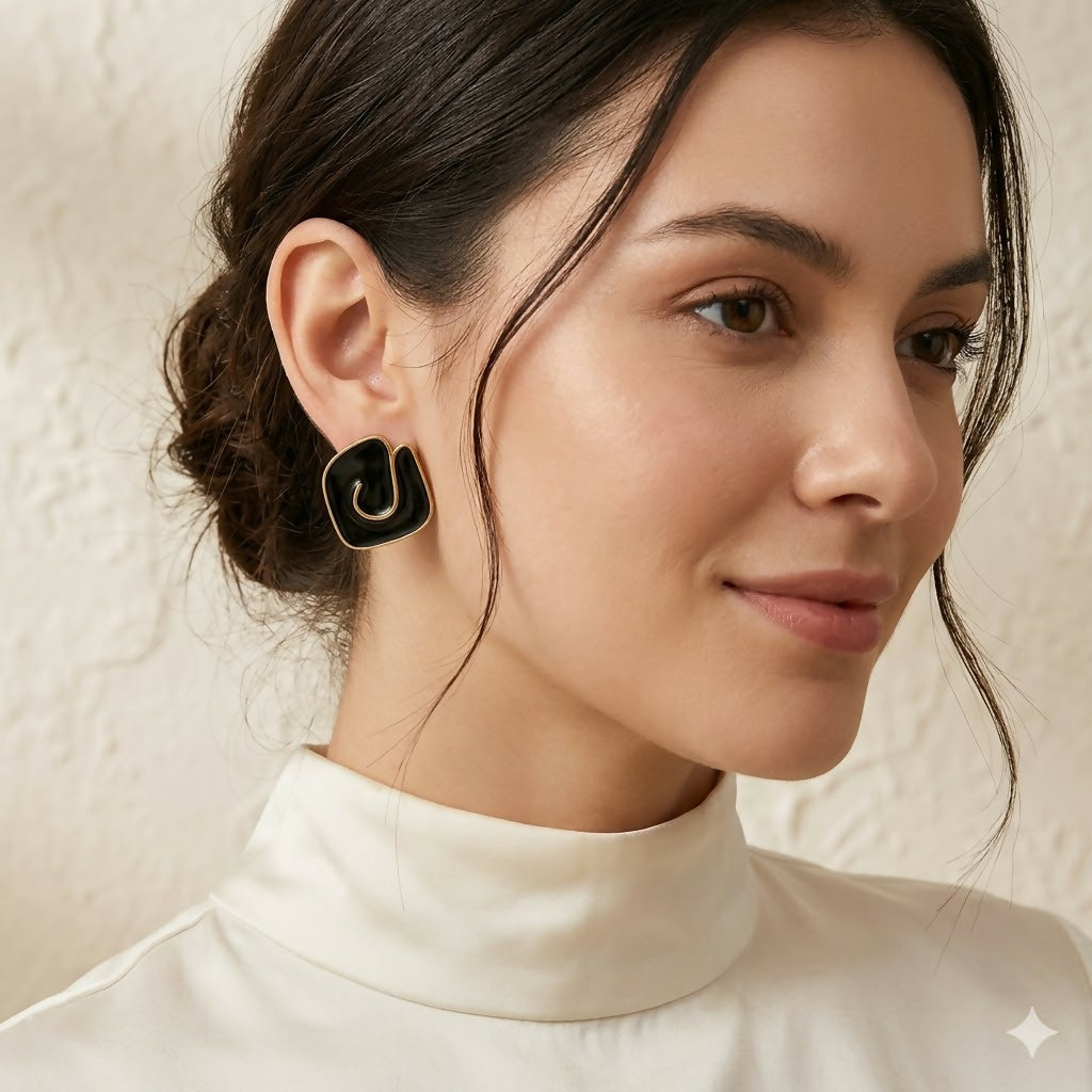 Black Geometric Enamel Stud Earrings – Trendy Daily Wear Accessory