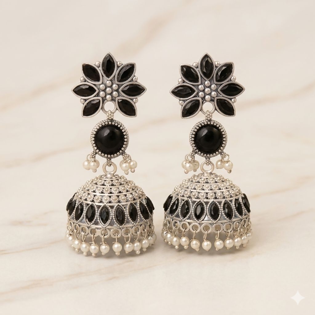 Traditional Silver Oxidized Earrings – Elegant Black Stones & Pearls