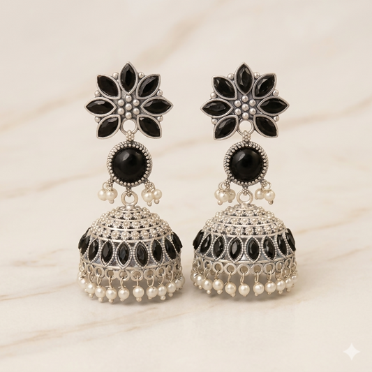 Traditional Silver Oxidized Earrings – Elegant Black Stones & Pearls