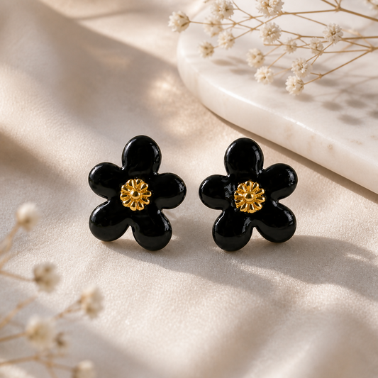 Black Floral Enamel Stud Earrings – Elegant Daily Wear Jewelry