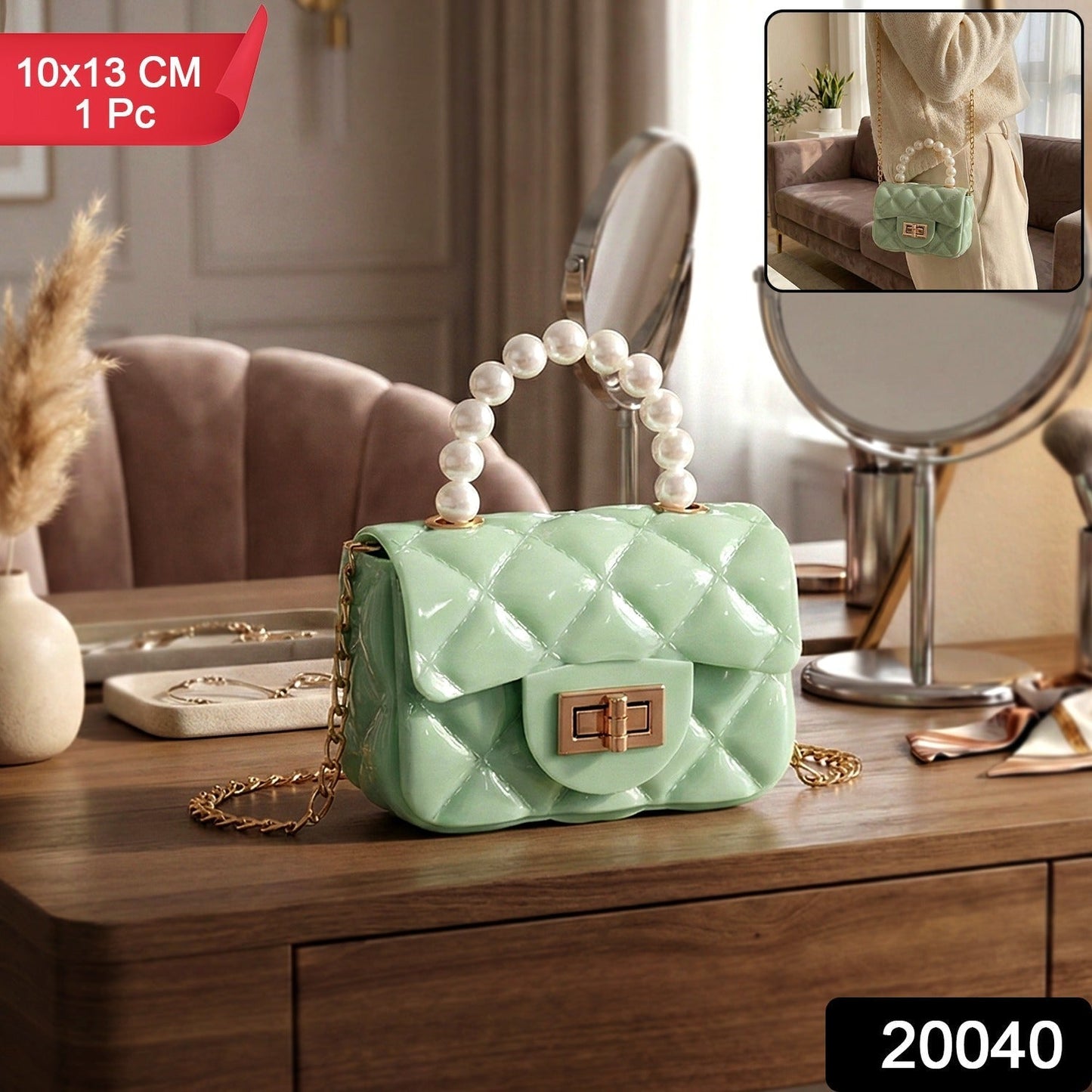 Quilted Mini Handbag – Elegant Pearl Handle & Chain Strap