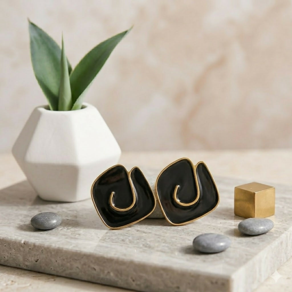 Black Geometric Enamel Stud Earrings – Trendy Daily Wear Accessory
