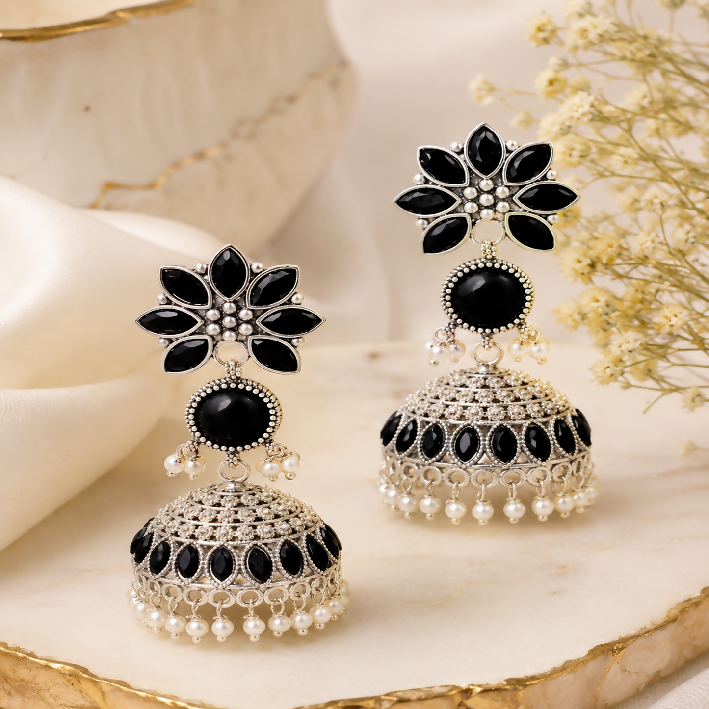 Traditional Silver Oxidized Earrings – Elegant Black Stones & Pearls