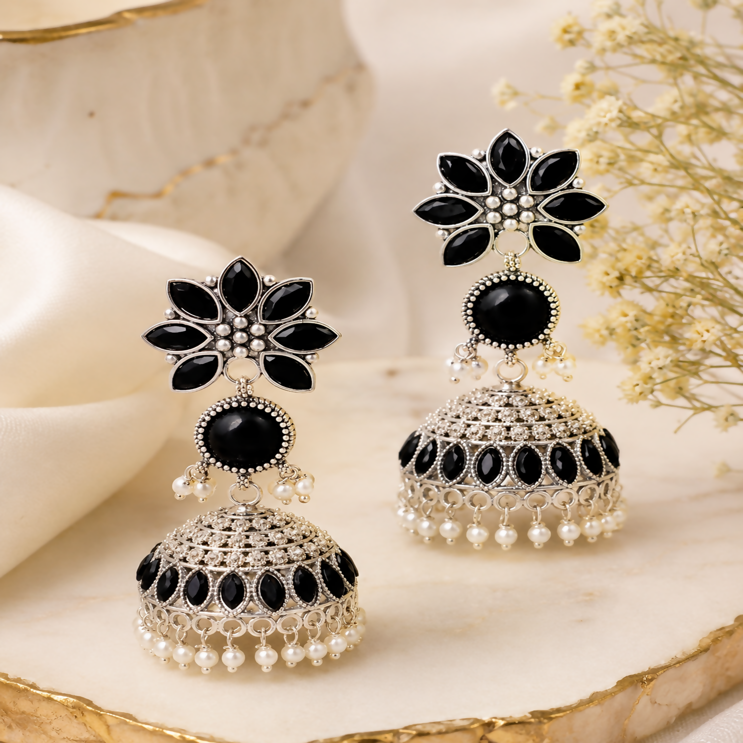 Traditional Silver Oxidized Earrings – Elegant Black Stones & Pearls