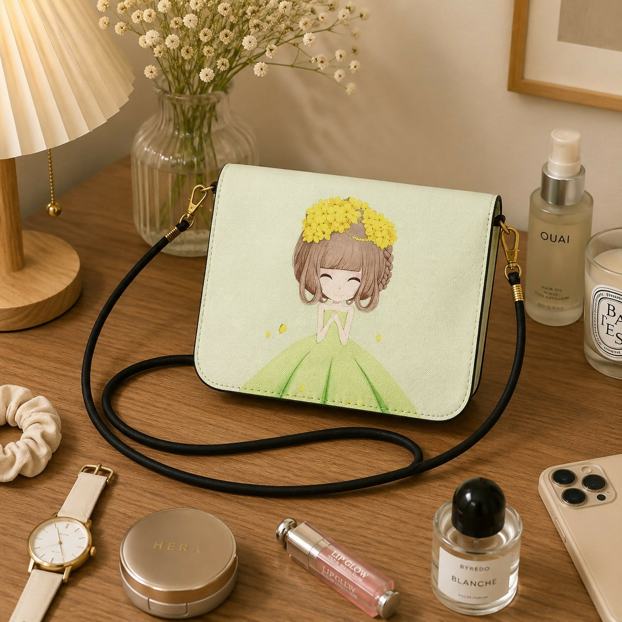 Green Princess Print Mini Sling Bag – Stylish & Compact for Girls & Women